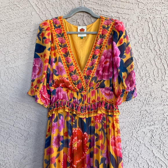 FARM RIO Yellow Pink & Blue Tropical Floral Dream V
Neck Tiered Frill Maxi Dress - Picture 7 of 15